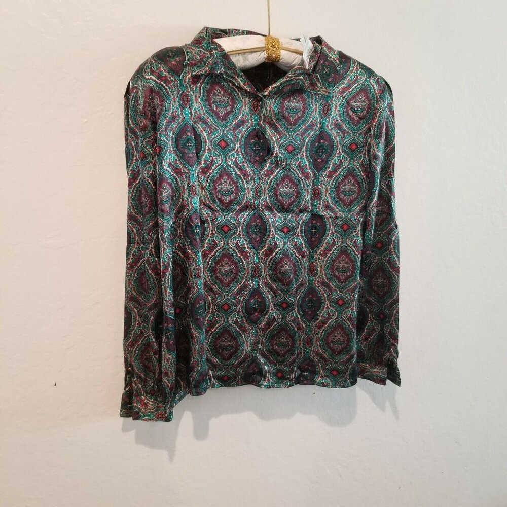 Tess Womens Sz 10 Long Sleeve Popover Button Blouse Top Shoulder Pads Geo Green